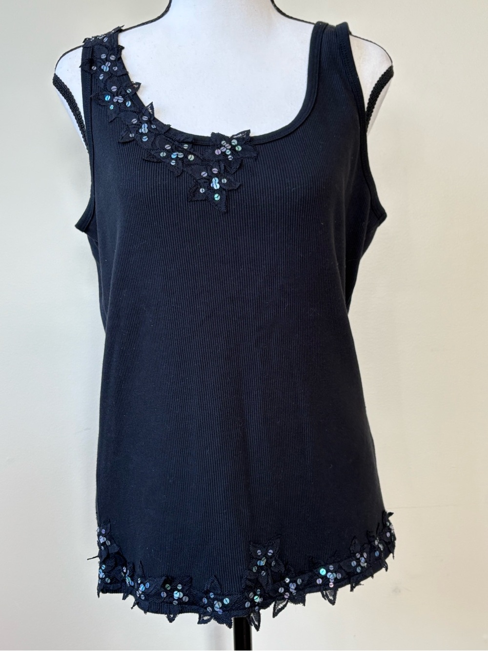 Liz Claiborne Black Tank Top with Sequin Floral Trim
